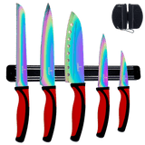 Kitchen Knife Set Kit | Red Handle & Black Magnetic Rack